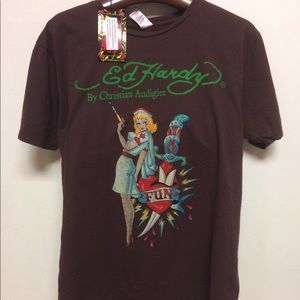 Ed Hardy Pin Up Nurse rhinestone platinum shirt